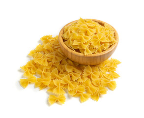 Raw Farfalle Pasta Isolated, Yellow Dry Noodles, Wheat Bow Macaroni, Uncooked Farfalle in Wood Bowl