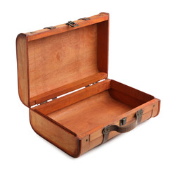 Opened brown stylish suitcase on white background
