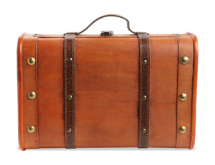 Beautiful brown stylish suitcase on white background