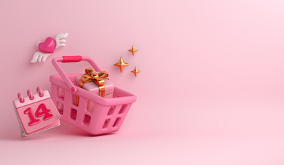 Happy Valentines day sale background with basket shopping cart, calendar date 14, gift box, heart shape wing,  copy space text, 3D rendering illustration