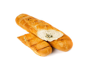 Baguette with Garlic Butter and Aromatic Herbs Isolated, Garlic Bread, Top View Food Photography