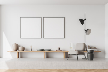 Fototapeta premium Bright living room interior with two empty white poster