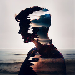 Double exposure silhouette of a man and a landscape - generative ai