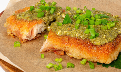 White Fish with Pesto, Grilled Cod Fillet with Green Sauce, Crispy Amritsari in Breadcrumbs, Pesto Fish on White