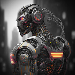 Illustration de robot futuriste doté d'une intelligence artificielle, AI genarated, vue 03
