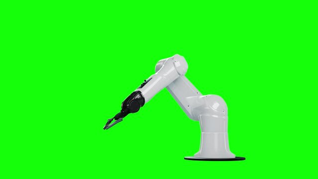 robot arm animation with green screen background, 4k resolution,The robotic arm is spinning around to collect items Animation.