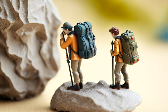 Small Figures Of Tourist With Hiking Travel Backpack Stand On Flat Stone