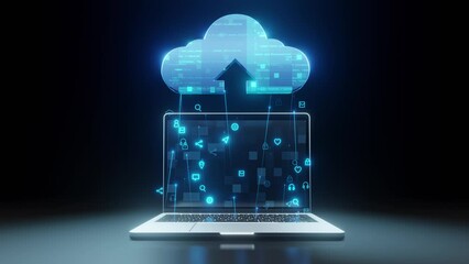 laptop upload data infromation to cloud computing. data icon and line flow up to cloud, looped, 4k resolution. - Powered by Adobe