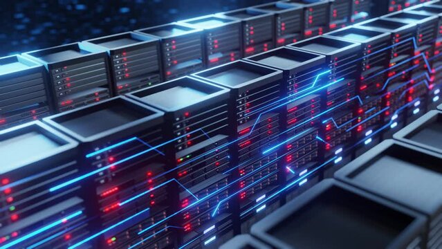 digital data flow in server room futuristic. camera dolly shot animation, data center or Internet service provider,4k resolution