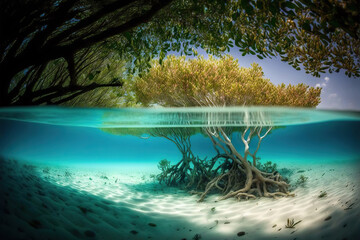 Underwater photograph of a mangrove forest with flooded trees. Generative AI