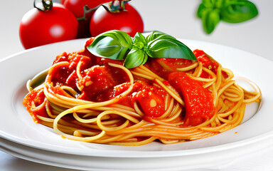 Spaghetti with tomato sauce and basil