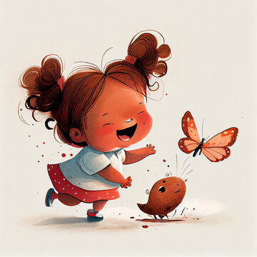 Cartoon. Cute girl playing with butterflies. generative ai