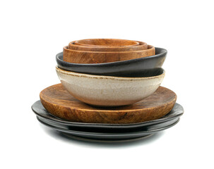 Empty Wood Bowls and Plates Isolated, Wooden Bowl, Black Plate Mockup on White Background Side View,