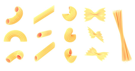 Pasta and macaroni icon set 3d render. Mockup dry penne, conchiglie, chiferri, farfalle, spaghetti isolated on white background, design elements for food advertising