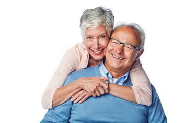 Love, senior and portrait of couple hug, smile and happy together against a studio white...