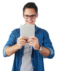 Studio, tablet and business man with glasses reading news, online website or social media isolated...
