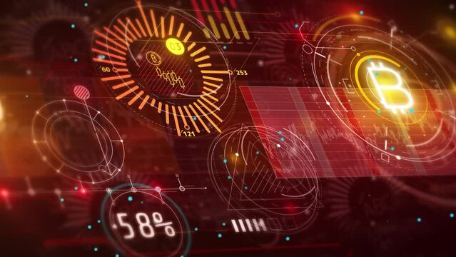 An array of bitcoin infographics in digital space.