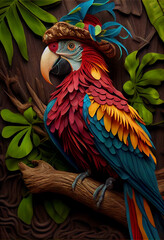 Fototapeta premium Paper Cut Illustration of Colorful Parrot in Lush Jungle. Generative ai