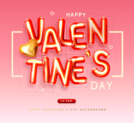 Happy Valentines Day poster with 3D letters and gold love hearts. Holiday greeting card. Vector illustration