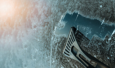 Clearing and removing snow and ice from car windows, Scraping ice. Winter season vehicle glass...