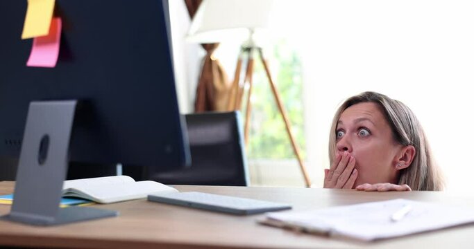 Shocked business woman looking at information on computer 4k movie slow motion 