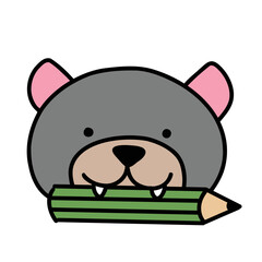 鉛筆をくわえるタスマニアデビル
