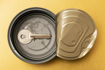 Opened tin can with a door key inside