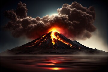 illustration of night landscape volcano with burning lava and clouds of smoke