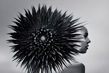 Black and white portrait of a black woman with a giant black flower on her back on a grey background, generative ai