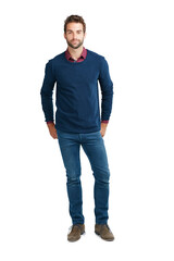 Fototapeta premium Man, casual fashion and portrait of a model standing with cool look and smile. White background, isolated and person in a studio with mock up space alone looking positive and relax with style