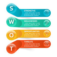 SWOT analysis template with business icons. Modern presentation layout. Strength, weakness, opportunity, threat concept. Advantage, marketing infographic. Vector illustration.