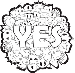 Black and white doodles
Monsters with the inscription yes. The drawn outline on a white background for children's coloring. Vector illustration in doodle style. sticker.