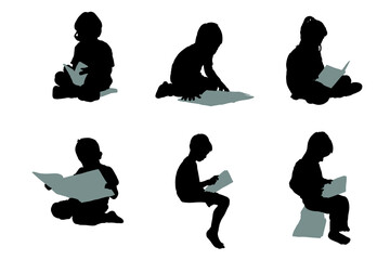 Set of silhouettes of little children reading story books vector design