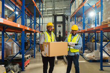 Teamwork of black workers working in large warehouse store industry.Rack of stock storage. Interior of cargo in ecommerce and logistic concept. Depot. People lifestyle. Shipment service for container