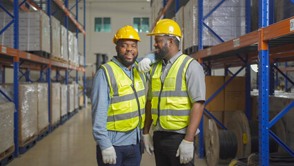 Teamwork of black workers working in large warehouse store industry.Rack of stock storage. Interior of cargo in ecommerce and logistic concept. Depot. People lifestyle. Shipment service for container