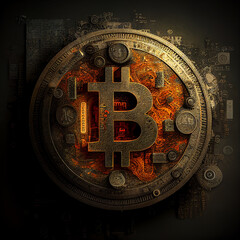 bitcoin cryptocurrency in the form of a coin with a mechanism inside, investments in currency, art generation ai