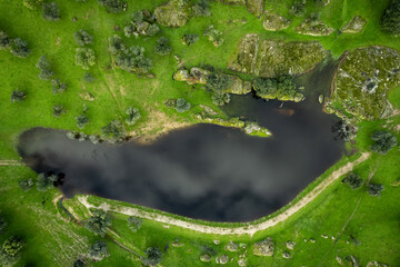 Aerial view over a lagoon in the Dehesa de la Luz. Extremadura. Spain.