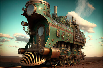 steampunk train in the desert, Generative AI