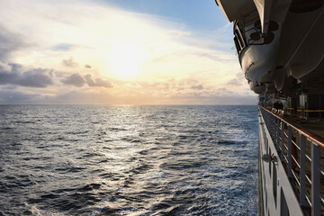 Beautiful sunset sunrise flux blue hour twilight at sea seen from ocean liner during Transatlantic...