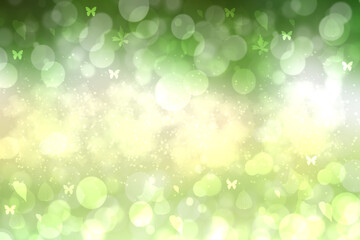 Fototapeta na wymiar Abstract blurred vivid spring summer green yellow bokeh background texture with butterflies and sunshine.
