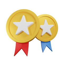 Champion Golden Medal with Red Ribbon isolated png background. Realistic golden coin - 3D rendering