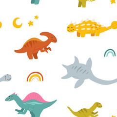 Vector seamless pattern with cute baby dinosaurs. Hand drawn spinosaurus, plesiosaurus, ankylosaurus, velociraptor, parasaurolophus. Set of flat cartoon dinosaurus.