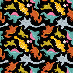 Vector seamless pattern with cute baby dinosaurs. Hand drawn spinosaurus, plesiosaurus, ankylosaurus, velociraptor, parasaurolophus. Set of flat cartoon dinosaurus.
