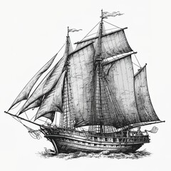 Antique ship. Ship sailing yacht boat antique, vintage, black ink hand drawing. Vector illustration. Generative AI - obrazy, fototapety, plakaty