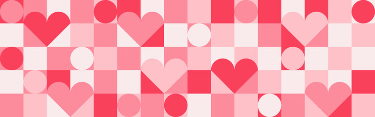 Seamless pink background for Mother's Day card template. Trendy geometric shapes with circles, squares and hearts in retro style for a Valentine's Day or wedding day cover.