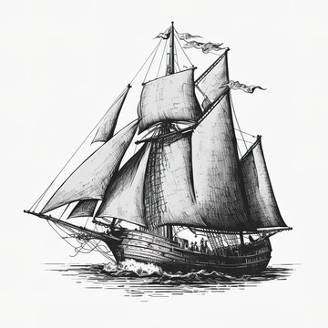 recommend clip art: Antique ship. Ship sailing yacht boat antique, vintage, black ink hand drawing. Vector illustration. Generative AI