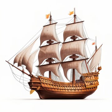 recommend clip art: Simple Old caravel, realistic, isolated on white background. Sailboat antique vintage Illustration Isolated On White. generative ai