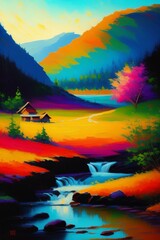 Oil painting of a village in a long psychedelic canyon with a small stream of water with low psychedelic bush on its shore, created with Generative AI technology