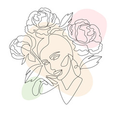 Vector linear drawing of a woman with flowers. Woman's face surrounded by plants with a black line. Idea for a tattoo. Wedding invitation. Logo for a beauty salon.