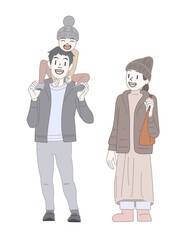 冬の服装をしニット帽をかぶった家族が男の子と一緒に楽しく遊んでいる